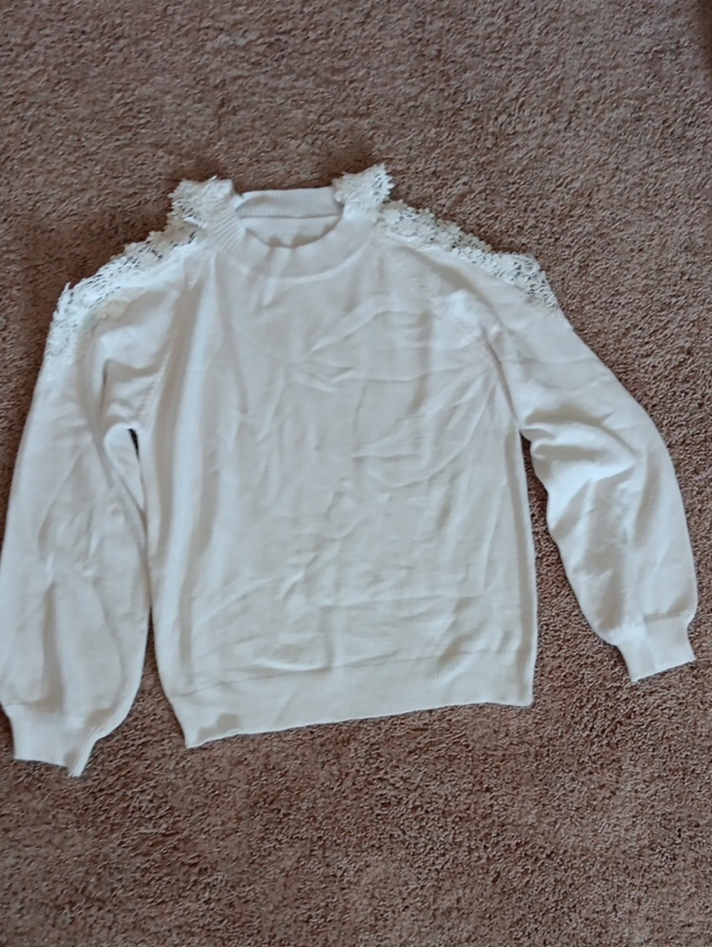 Women's White Lace-Trim Cold Shoulder Sweater
